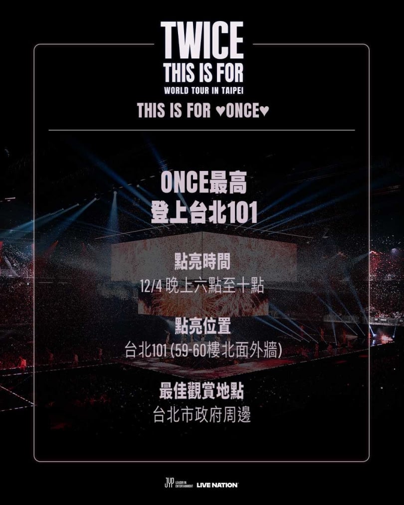 TWICE搶先登上台北101點燈打字。（圖／Live Nation Taiwan提供）