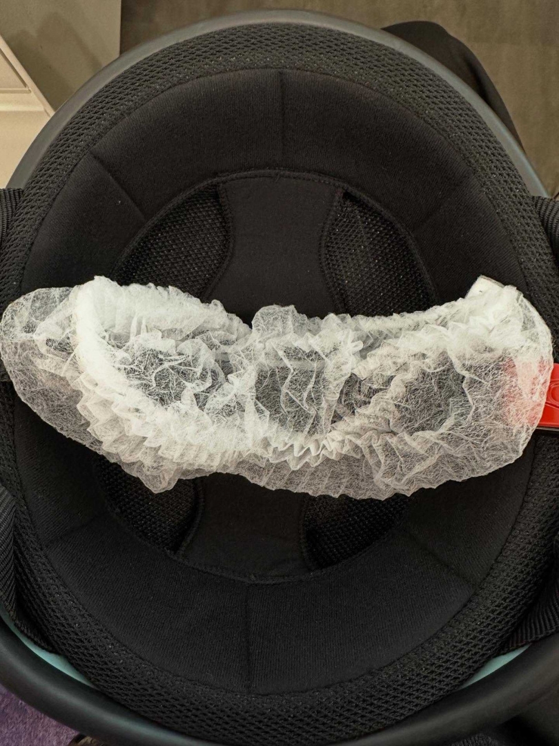 將拋棄式帽套兩側戳洞包裹在安全帽頤帶上。（圖／翻攝自Threads@goshare.official）