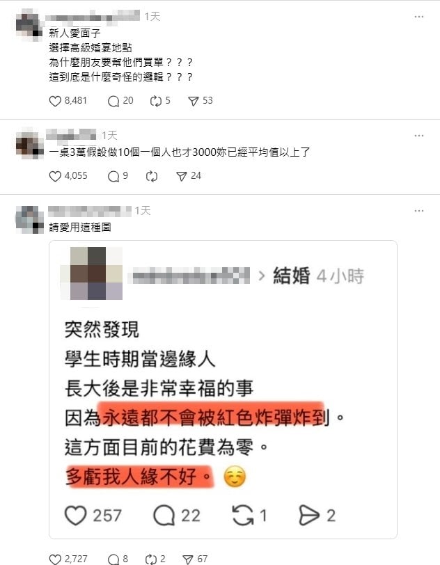 婚宴包3600！新人嗆「妳包太少」一桌3萬起跳　全場噴：有夠難看