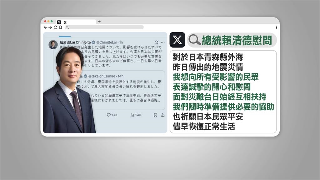 慰問青森7.5強震 賴總統:隨時準備提供必要協助