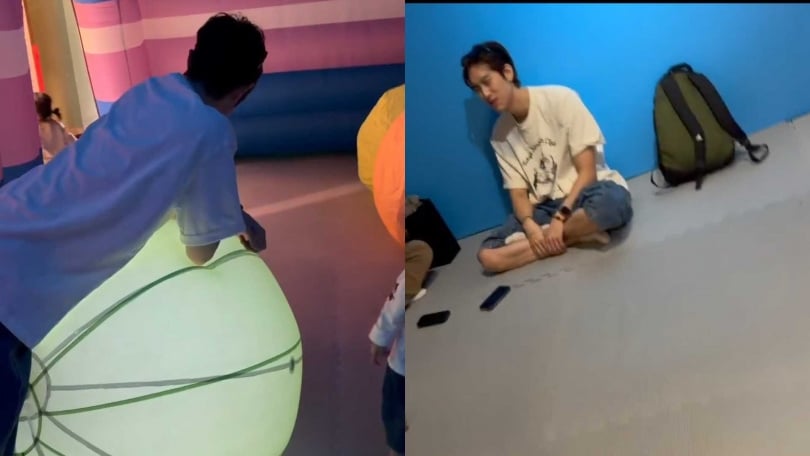 陪粿醬玩一輪的范姜，回到入口住與朋友閒聊稍作休息。（圖／讀者提供）