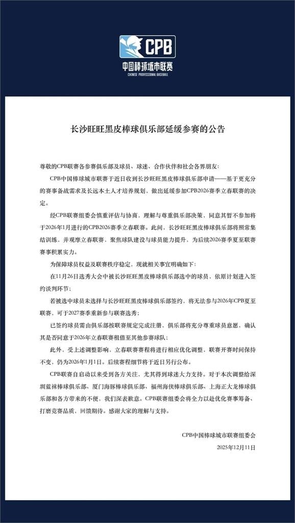 棒球/開賽前夕卻突然少一隊?「長沙旺旺黑皮」宣布暫緩參加中國城市棒球聯賽