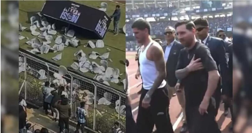 科爾卡塔球場陷入混亂,球迷擲瓶、破壞設施,梅西提前離場。(圖/翻攝自NDTV網頁)