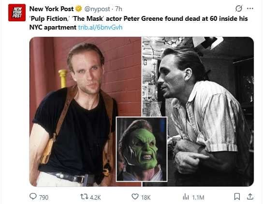 彼得.格林辭世消息震驚影壇,經紀人證實其於紐約家中過世,享壽60歲。(圖/翻攝自X,@nypost)