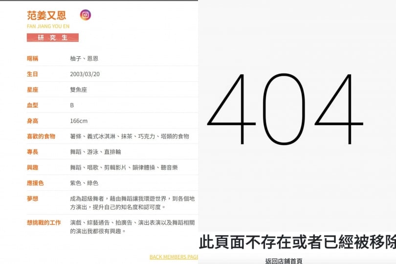 范姜又恩在官網的介紹已被刪除。（圖／翻攝自AKB48 Team TP官網）