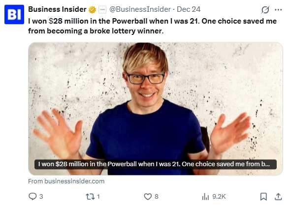 舒爾茲（Tim Schultz）21歲中得2800萬美元樂透，第一時間諮詢理財專家，成功守住鉅額財富。（圖／翻攝自X，@BusinessInsider）