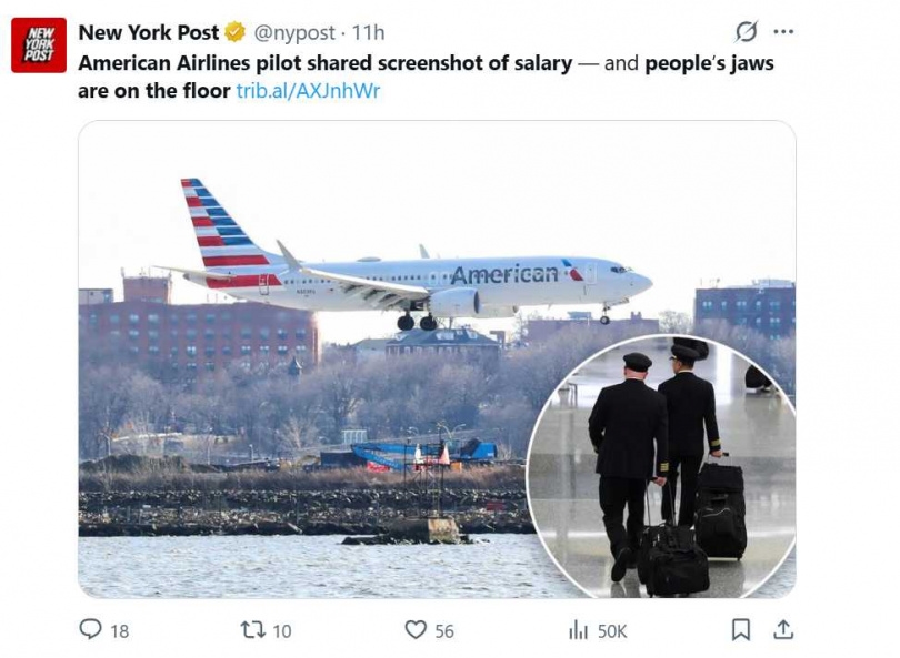 機師高薪背後壓力也大,網友反應兩極,有人羨慕、有人直呼不敢當。(圖/翻攝自X,@nypost)