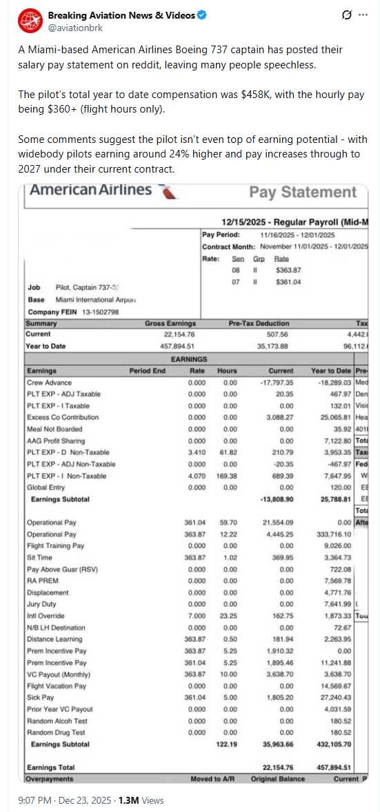 美航波音737機長薪資單流出,年薪高達45.8萬美元,引發網友熱議。(圖/翻攝自X,@aviationbrk)