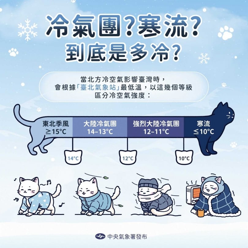 中央氣象署以貓貓圖卡解釋冷空氣分級，冷到發抖為強烈大陸冷氣團，氣溫低於10度的貓貓則封印被窩裡。（圖／中央氣象署）