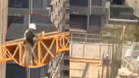 有片/塔吊工人「0防護上陣」半空狂晃!一低頭「離地10樓高」鋼筋全插滿