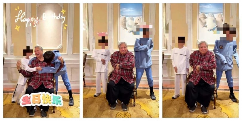 洪金寶與長孫洪大仁（左）、次孫洪竟稀（右）合體演出俏皮舞蹈。