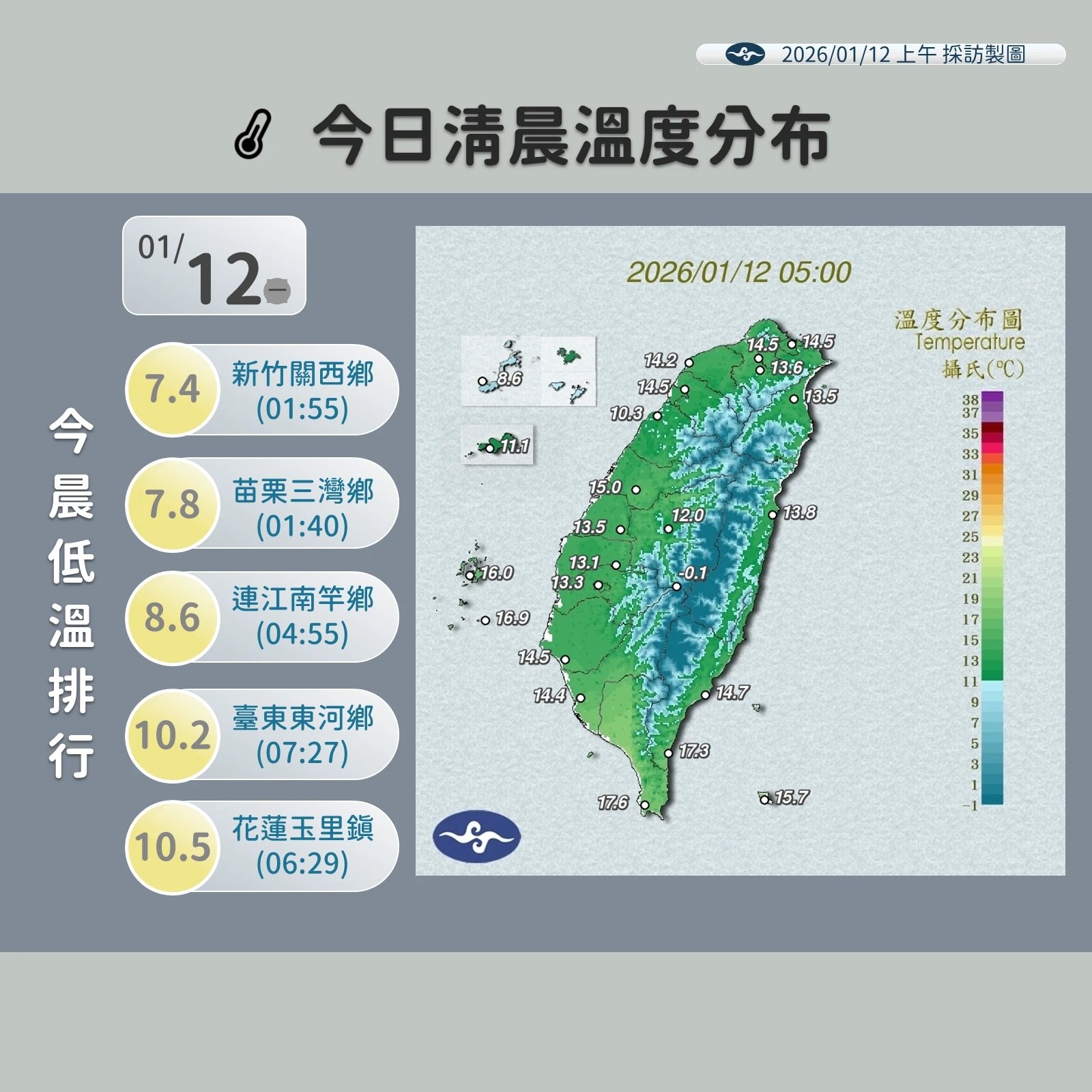 今晨低溫。（氣象署提供）