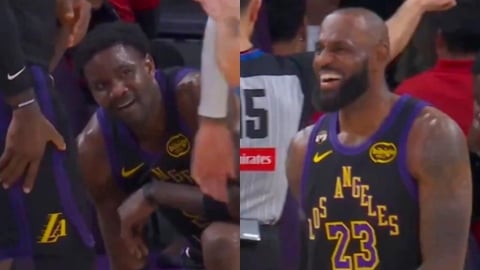 NBA(影)／超壞！湖人中鋒艾頓「小頭挨揍」詹皇、聰明哥「忍不住狂笑」看隊友跪地