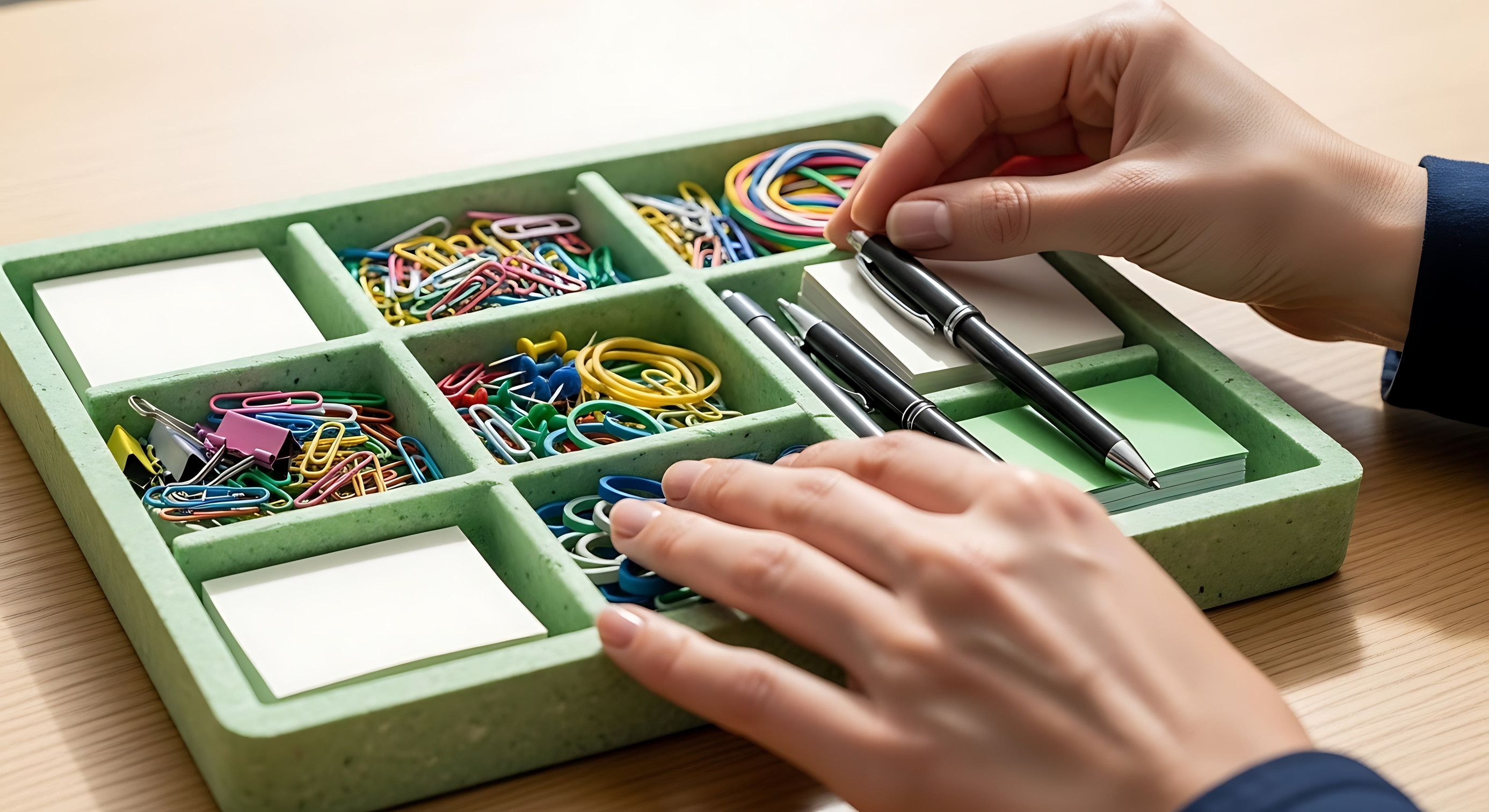 迴紋針、隨身碟、橡皮擦、印章等小物，可以用抽屜分隔盒、筆筒、收納盤等容器收納。圖/123RF圖庫