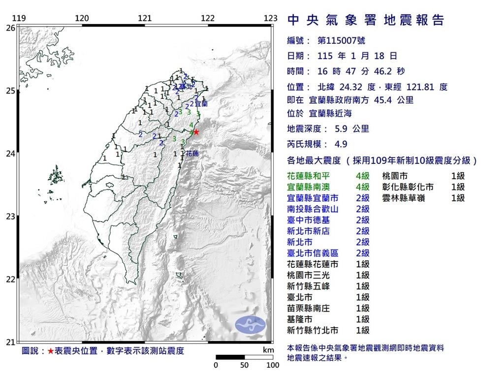 快新聞／宜蘭縣近海4.9地震　氣象署指「這2地區」最久搖9秒