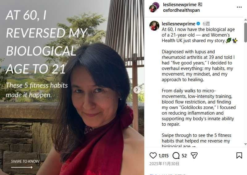 透過科學生活調整與持續行動，萊絲莉成功逆轉生理老化，活出全新節奏。（圖／翻攝自IG， @Leslie Kenny）