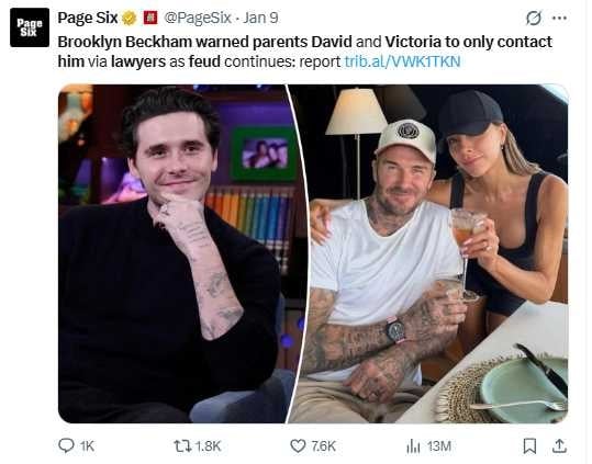 貝克漢家族過去形象和諧，如今卻傳出律師函溝通的尷尬局面。（圖／翻攝自X，@PageSix）