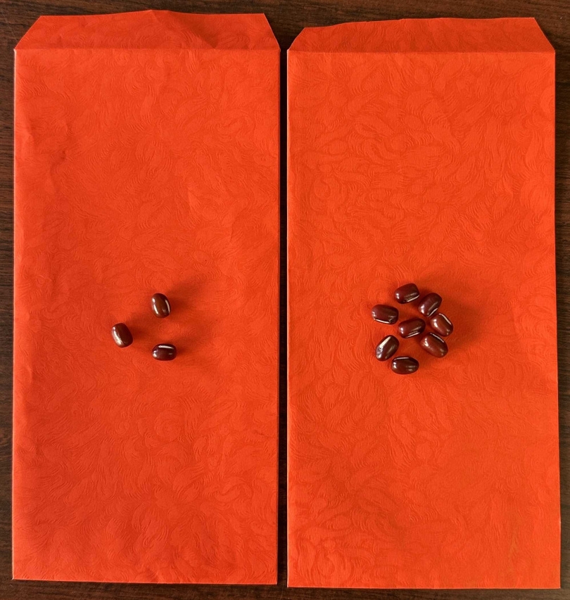 紅包一個包3顆紅豆，另一個包8顆紅豆，分開放在左右口袋，或一起放在錢包裡，因為紅色屬火，3及8的易經數理為「木」的能量。（圖／楊登嵙提供）