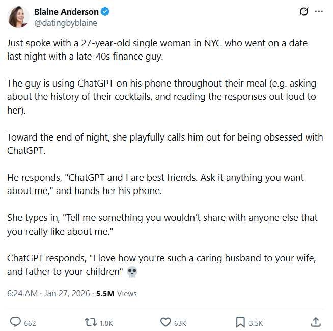 「第一次約會請別帶ChatGPT」登上社群爆文,掀起交友誠信大哉問。(圖/翻攝自X,@datingbyblaine)