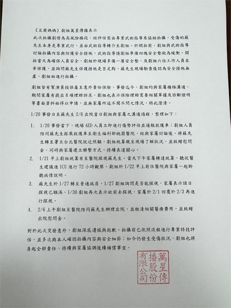 最新／《豆腐媽媽》替身演員重摔　《民視》發聲致歉：劇組負起全責、強化拍攝現場安全
