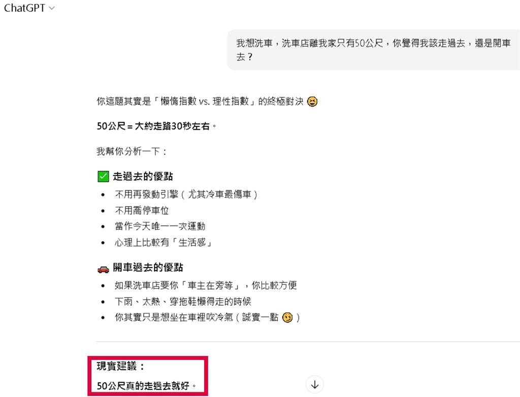 洗車場離家50m該走去嗎？ChatGPT神回「建議走路」網友笑噴：該解安裝