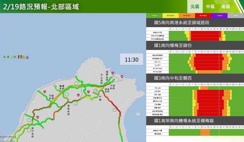 春節連假初三北部路段南向路況預報圖。(圖/高公局)