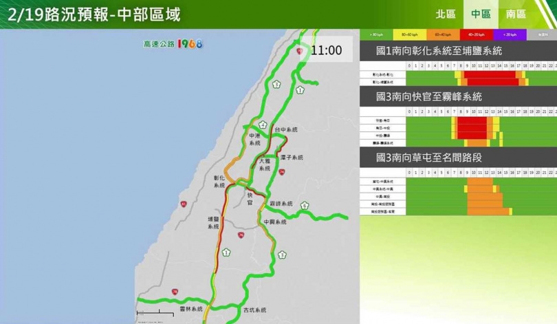 春節連假初三中部路段南向路況預報圖。(圖/高公局)