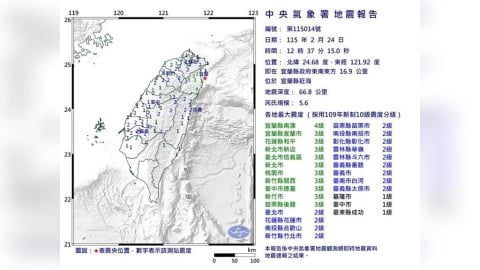 12:37宜蘭近海規模5.6地震　最大震度4級