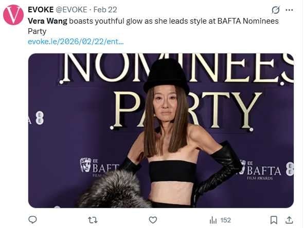 王薇薇出席第79屆英國影視藝文化學院獎相關派對,以平口上衣造型亮相,其造型與外貌變化成為網路話題。(圖/翻攝自X,@EVOKE)