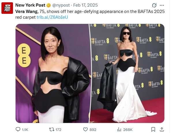 王薇薇出席第79屆英國影視藝文化學院獎相關派對,以平口上衣造型亮相,其造型與外貌變化成為網路話題。(圖/翻攝自X,@nypost)
