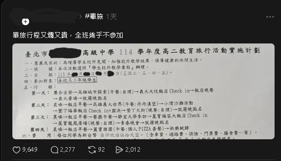 畢旅收費7950元「全班沒人想去」！行程天數曝掀上班族朝聖：可報名嗎