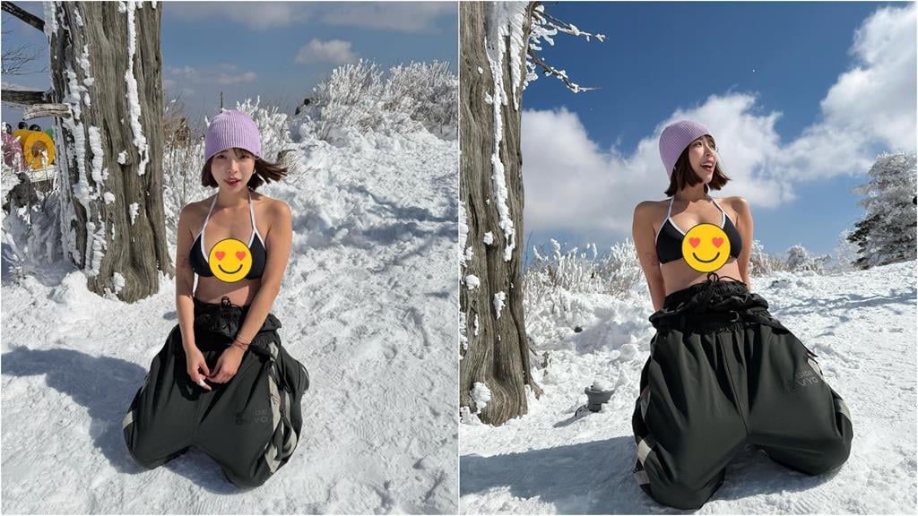 一隻阿圓「跪坐雪地」解放比基尼！深U弧形「大雪球險掉出」網嗨翻：滿出來了