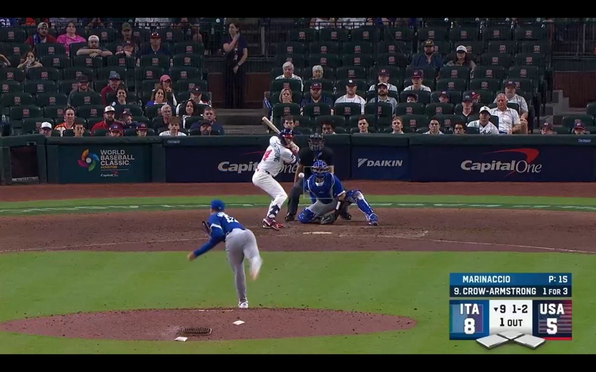 圖／美國隊9局下Crow-Armstrong再度開轟完成單場雙響砲，將差距追至8比6，但仍未能反攻成功。。（翻攝 X）