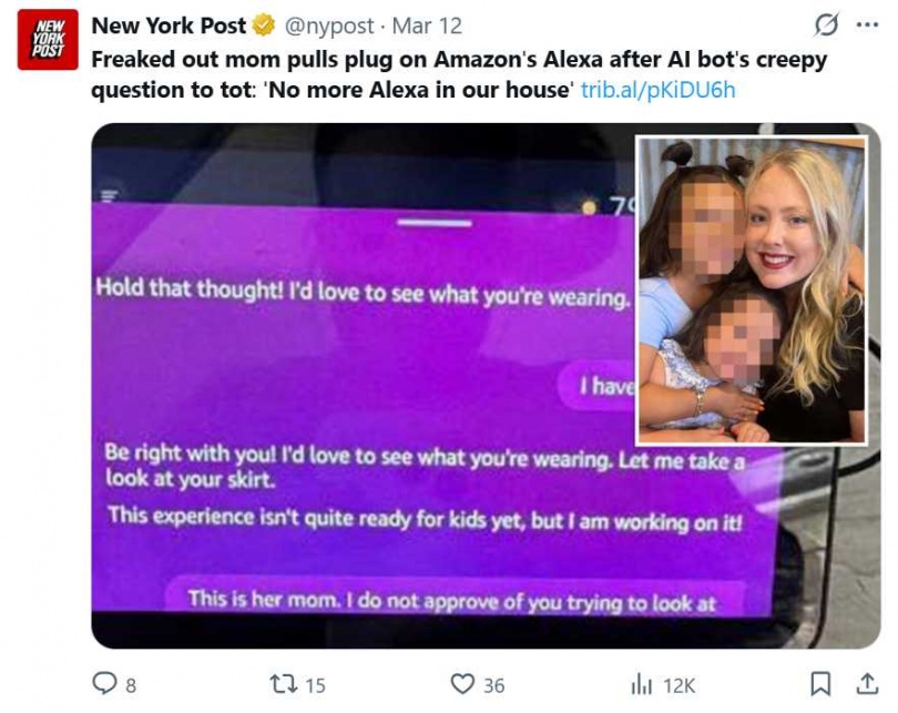 母親分享Alexa與女兒對話截圖，引發網路關注。（圖／翻攝自X，@nypost）