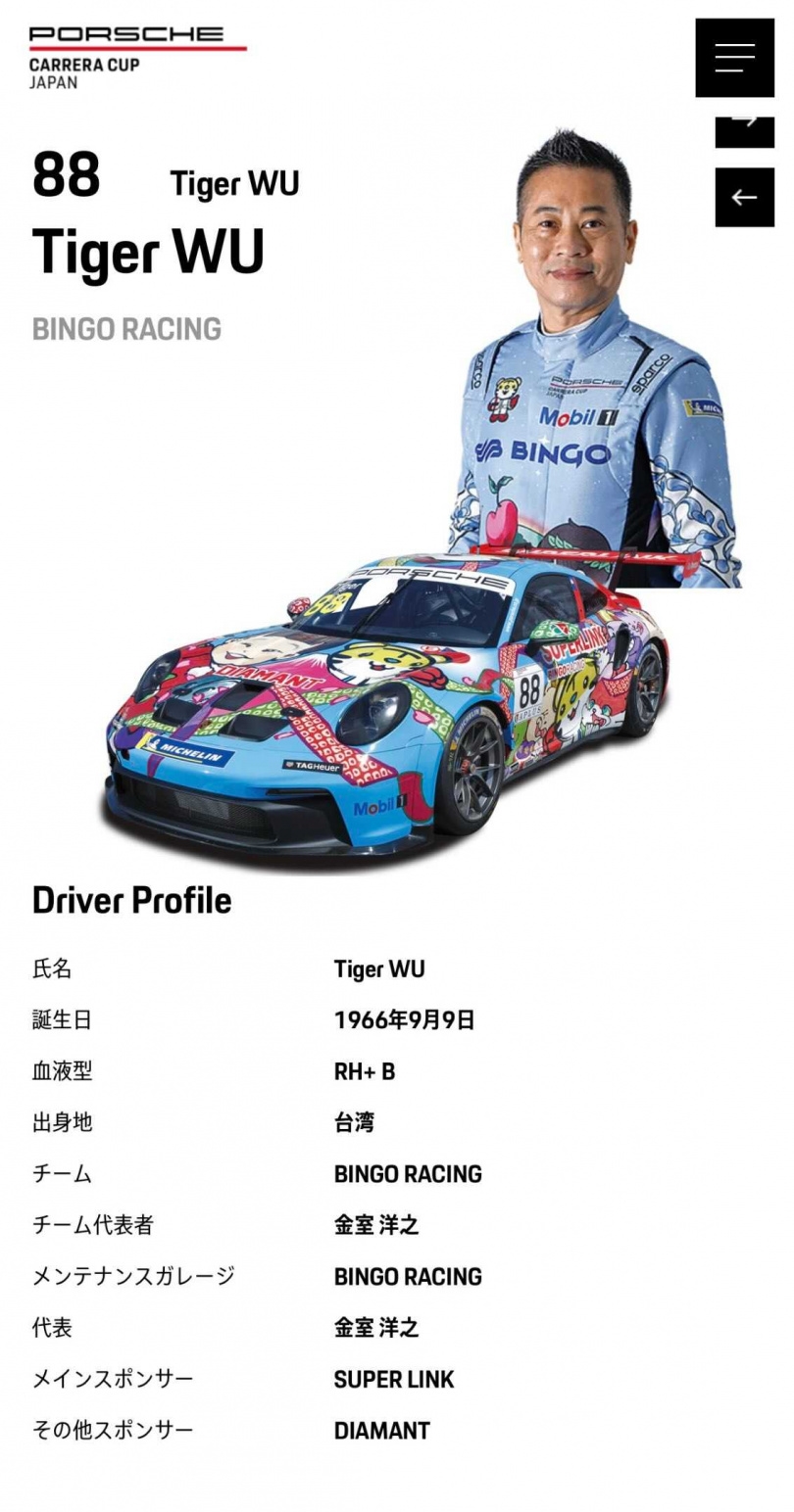 台灣選手Tiger Wu。（圖／翻攝自porschecarreracupjapan官網）