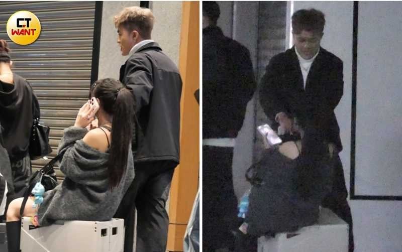 俐蓁坐行李箱上被男團員傳恩拉著走，一行人前往KTV路途有說有笑。（圖／本刊攝影組）