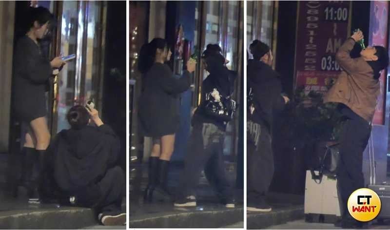 俐蓁從自己包中拿出一瓶燒酒交給坐在地上的黑黑，黑黑豪飲幾口後再將酒還給俐蓁。俐蓁又把酒瓶遞給Cooper，他對著瓶口一飲而盡。（圖／本刊攝影組）