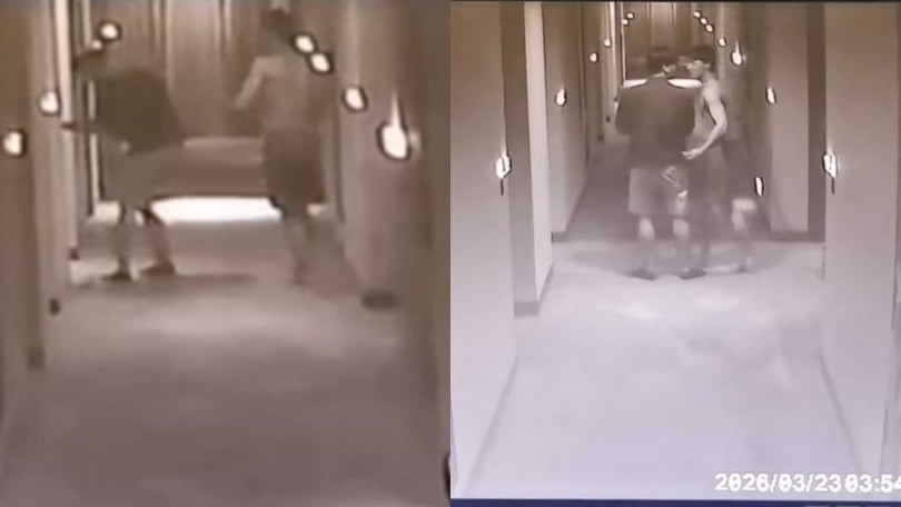 凌晨3點55分左右裸著上身的陳晨威和隊長林立等人半夜不睡覺著，在飯店走道上來來回回走動。（圖／讀者提供：因版權問題照片未經授權不得轉載）