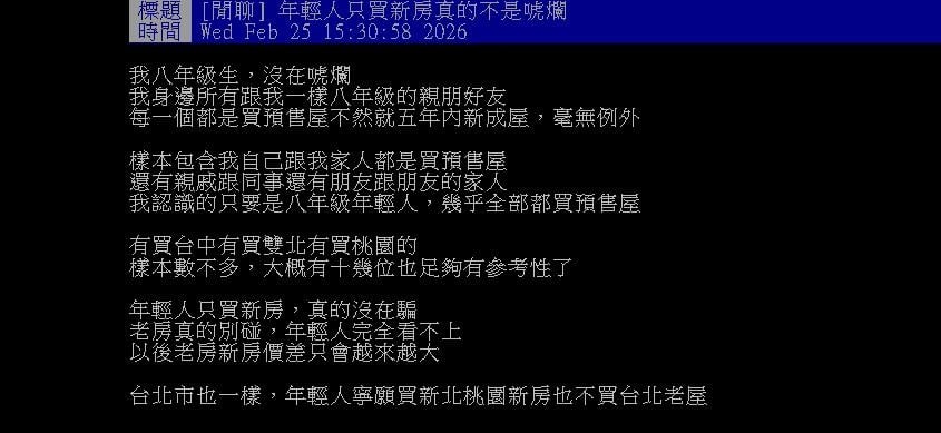 年輕人買房真的「只愛這類」？他曝身邊幾乎「都這樣買」：老屋別碰