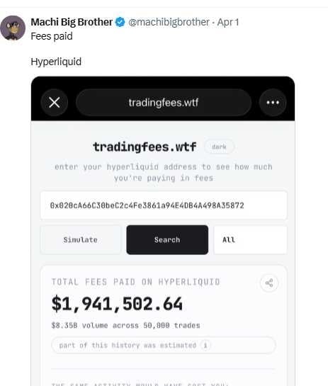 黃立成曬出Hyperliquid後台截圖，手續費逼近200萬美元。（圖／翻攝自X，@machibigbrother）