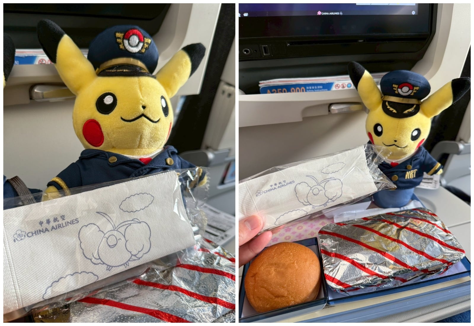 連餐巾紙都印上寶可夢圖案，飛行旅程瞬間變成打卡景點。圖/李明真拍攝、後製