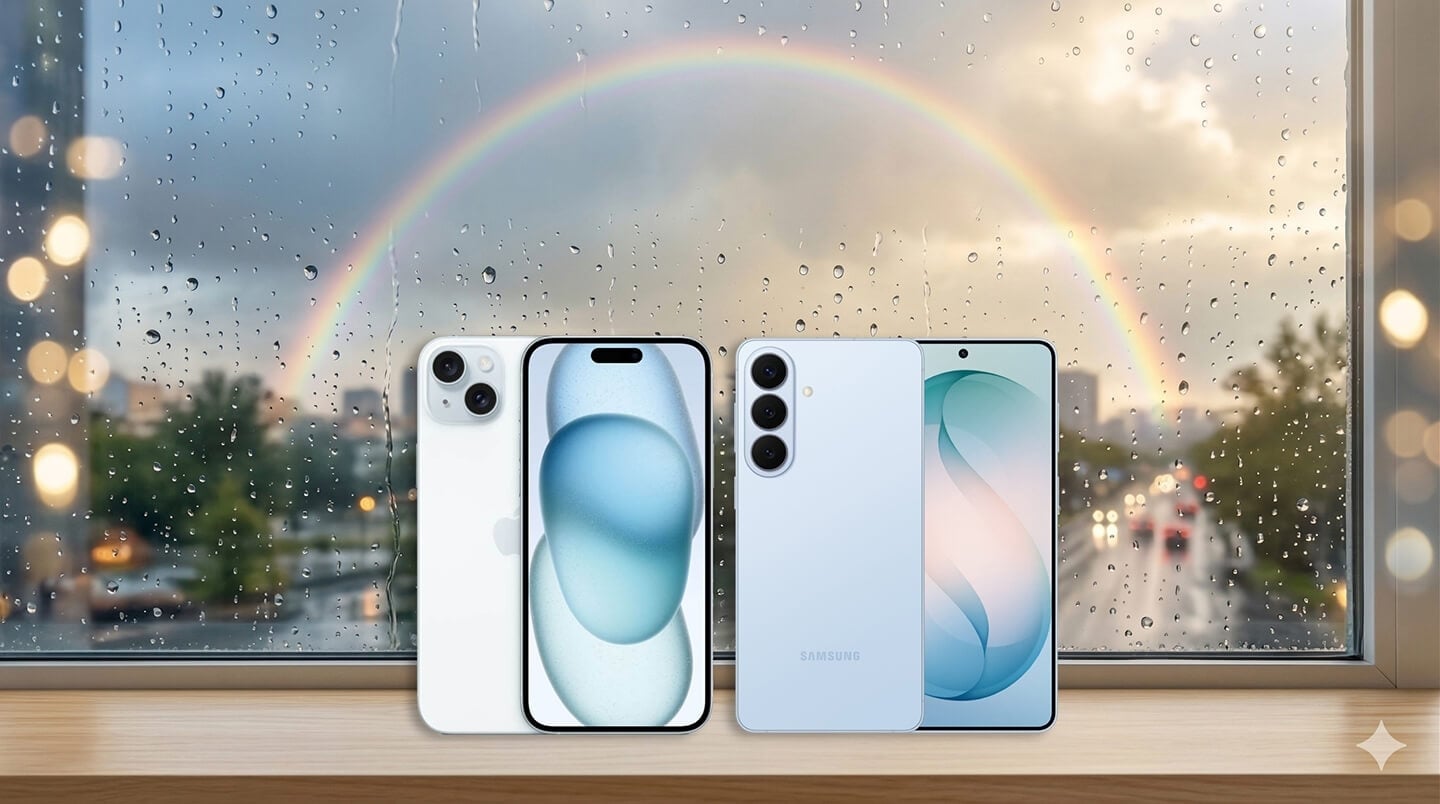 傑昇通信雨季特賣會情境圖。在雨過天晴、帶有絢麗彩虹的窗邊木台上，展示著白色的 Apple iPhone 15 與淺藍色的三星 Galaxy S26+，營造風雨無阻搶破盤好康的活動氛圍。