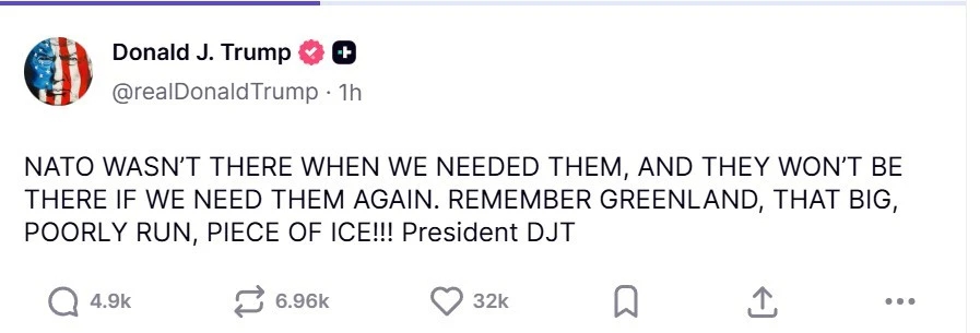 川普8日在Truth Social發文抱怨北約。（取自TruthSocial@realDonaldTrump）