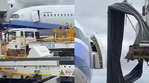 華航班機爆意外!登機門慘被扯斷「整片歪掉」連空橋也出事 慘況畫面網瘋傳