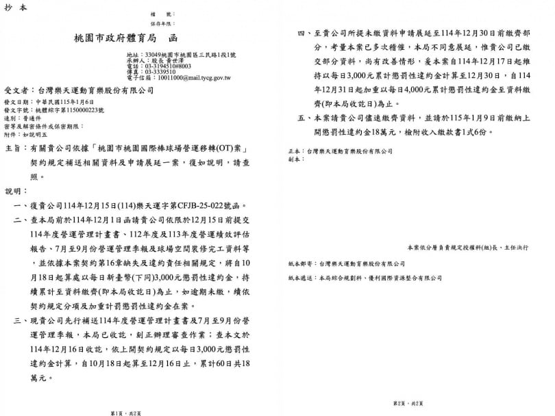 日前桃園市政府已針對球場管理不善，在2026年1月連續開出兩張裁罰公文，金額分別約18萬元與30多萬元。（圖／讀者提供）