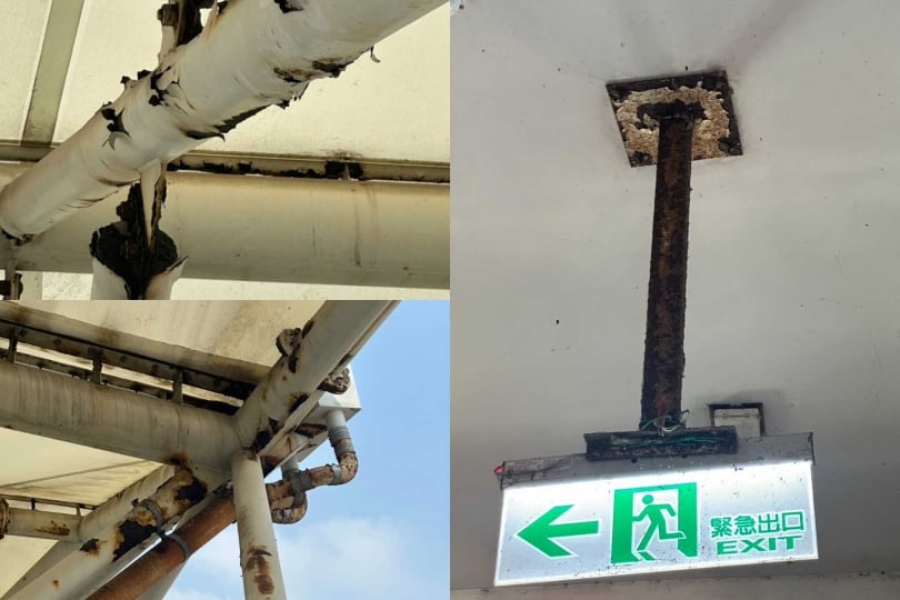 去年本刊接獲投訴，指樂天棒球場的頂棚之前生鏽腐蝕，稍有震動就有鐵粉落下，讓現場觀眾處於無形危險之中。（圖／讀者提供）