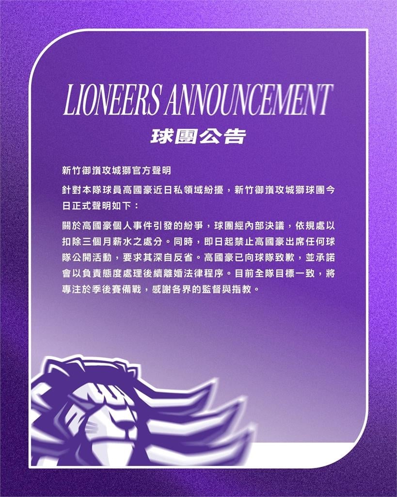 籃球／高國豪證實與妻子離婚中！遭攻城獅罰「扣三個月薪」還禁做「這件事」