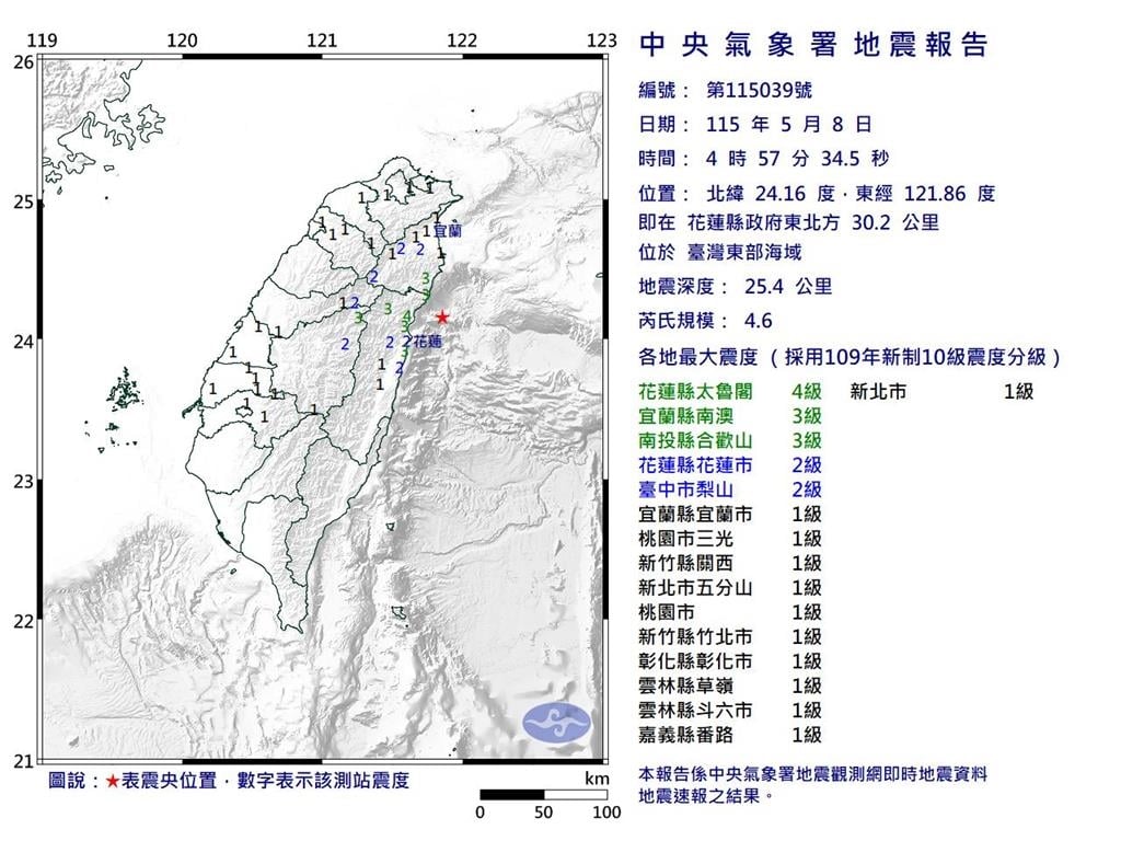 快新聞／07:08花蓮規模4.4地震！最大震度3級