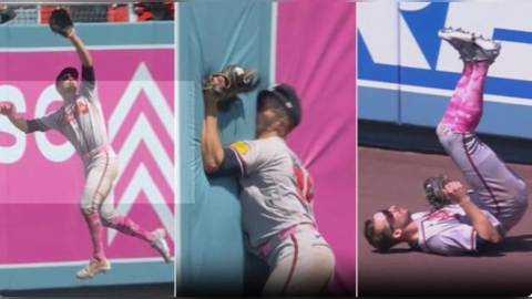 MLB(影)／「用臉撞牆也要接到！」勇士小白神救援　道奇滿壘長打瞬間變成絕望出局
