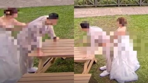 新人穿婚紗朝聖「擎天崗野戰桌」!神還原「肉搏名場面」笑翻網:一定百年好合